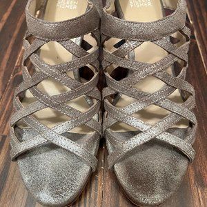 Eileen Fisher Lattice Metallic Pewter Leather Wedge Shoes - Size 8